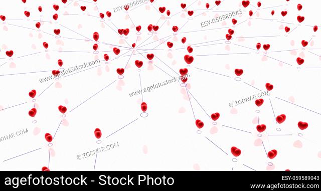 Small linked red hearts network, 3d abstract, horizontal