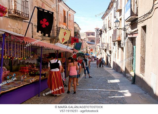 Flea market at Mayor street during the Medieval Days. Sigüenza, Guadalajara province, Castilla La Mancha, Spain