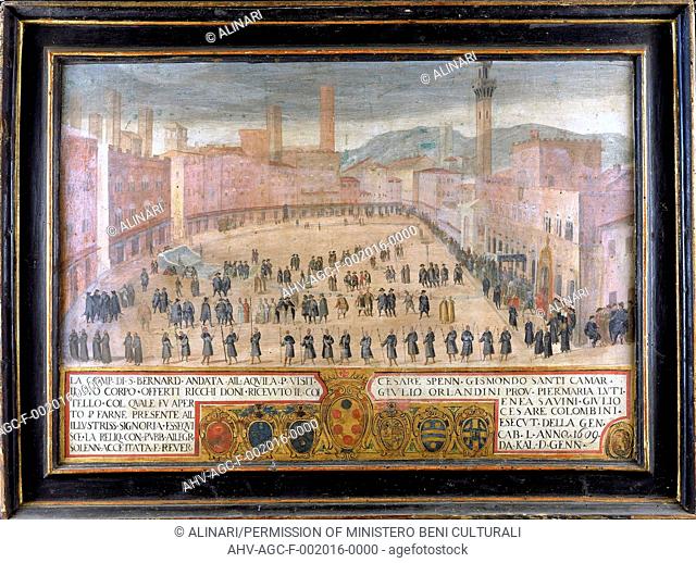 Return of the Compagnia di S. Bernardo da l'Aquila in Piazza del Campo in Siena, Tablet by Biccherna, painted by Antonio Gregori and preserved at the State...