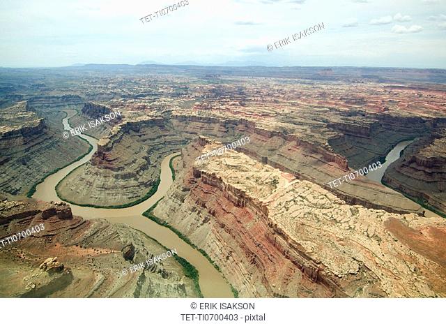 Aerial view of rivers in canyon, Colorado River, Green River, Canyonlands National Park, Moab, Utah, United States