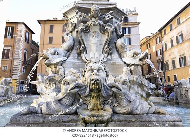 Pagan statues, water fountain detail, Roman Pantheon, Rome, Italy, Europe