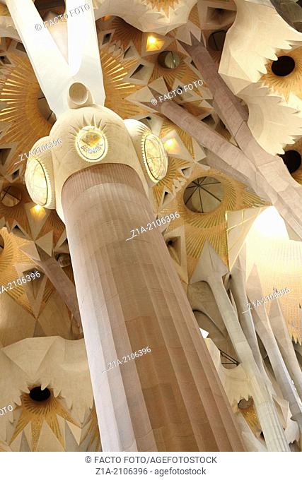 Interior of the Sagrada Familia Temple by Antoni Gaudi. Barcelona, Spain