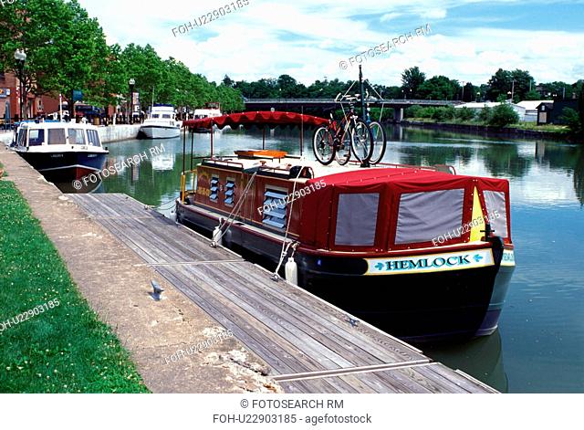 canal, Seneca Falls, NY, New York, Finger Lakes, Canal boats moored along the Cayuga-Seneca Canal