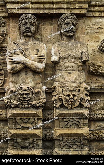 Detail of telamon sculptures representing ""Captive Moors"" on façade of the New Gate (Porta Nuova) as seen from Independence Square (Piazza Indipendenza/Via...