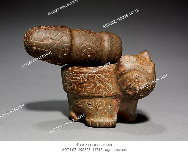 Feline Mortar and Pestle, 700 BC-1. Peru, North Highlands, Pacopampa(?), Chavín style (1000-200 BC). Stone, pigment; overall: 5