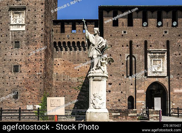 Statue of St. John of Nepomuk ( San Giovanni Nepomuceno). Sforza Castle (Castello Sforzesco). Milan, Lombardy, Italy, Europe