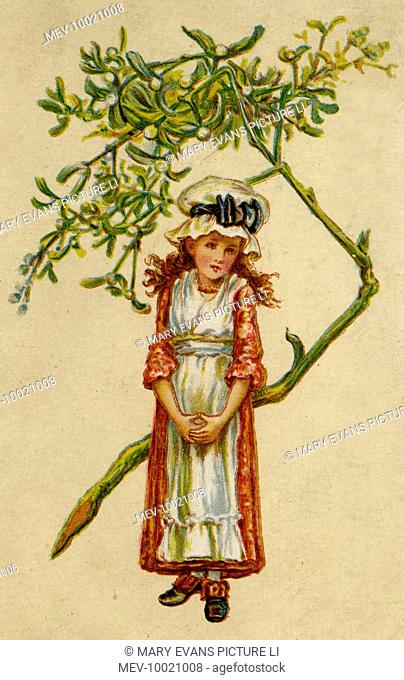 A girl and a sprig of mistletoe