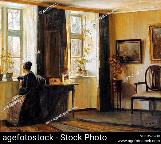 Holsoe Carl Vilhelm - Interior with the Artist's Wife at the Window - Danish School - 19th and Early 20th Century