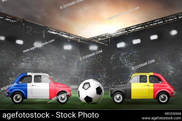 France and Belgium flags on cars with soccer or football ball at stadium
