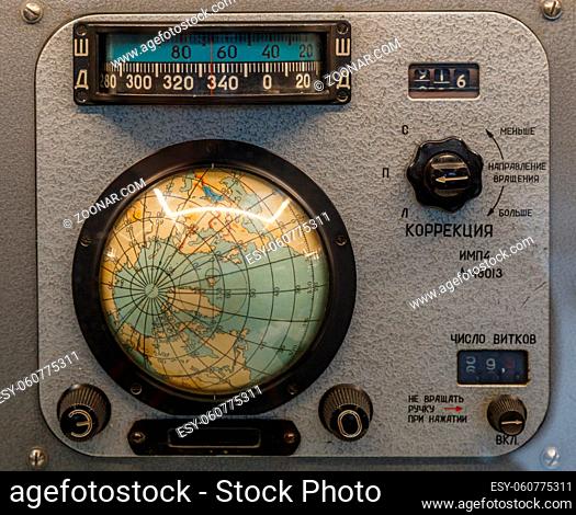 Moscow, Russia - November 28, 2018: The control panel of the first Soyuz spacecraft. Old display navigation bar, dashboard equipment