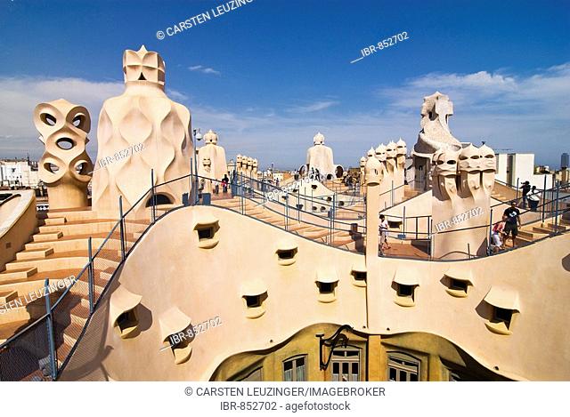 Roof of Casa Milà designed by the architect Antoni Gaudí, also known as La Pedrera, the Quarry, at the Passeig de Gràcia, Eixample district, Barcelona, Spain