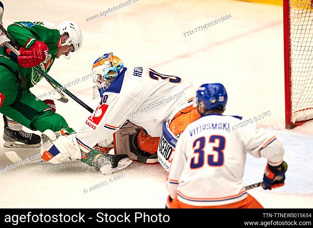 Rogle's Adam Edstrom against Tappara's goal keeper Christian Heljanko during the Champions Hockey League final match between Rogle BK and Tappara Tampere in...