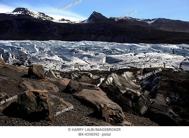 Glacier snout, glacial ice with traces of volcanic ash, Glacier Svinafellsjökull in Skaftafell, Southern Iceland, Iceland