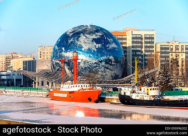 Kaliningrad, Russia, January 17, 2021, ship floating lighthouse, Kaliningrad city tour, embankment of the Museum of the World Ocean, Planet Ocean