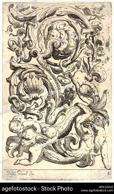 A Dolphin Carried by Four Children and a Triton. Giancarli, Polifilo (Designer) Fialetti, Odoardo, 1573-1638 (Artist). Italian master prints Vertical Grotesques