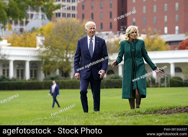United States President Joe Biden and first lady Dr.Jill Biden arrive to dedicate a new elm tree on the White House South Lawn to honor Superintendent of the...