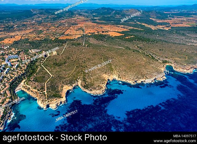 aerial view, view inland, cala antena beach to cala bota beach, manacor, mallorca, europe, balearic islands, spain
