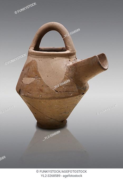 Hittite terra cotta side spout with stainer basket handles pitcher . Hittite Period, 1600 - 1200 BC. Hattusa BoÄŸazkale. Çorum Archaeological Museum, Corum