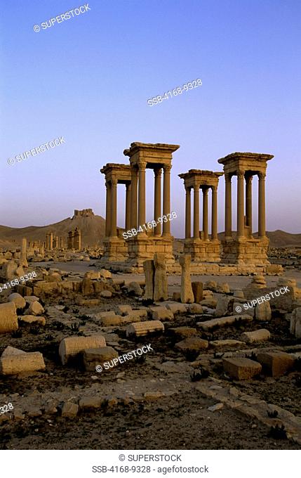 Syria, Palmyra, Ancient Roman City, Tetrapylon, Colonnaded Street, Castle Of Fakhr Un-Din