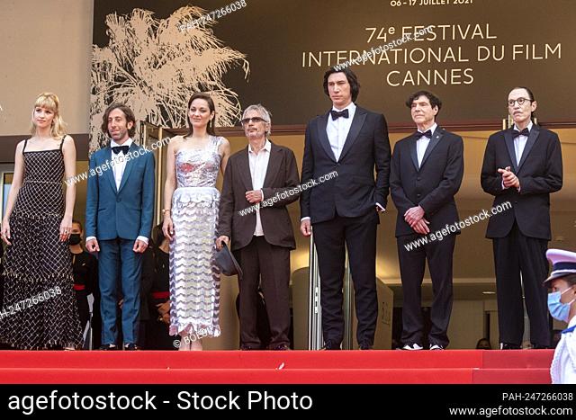 Angele (l-r), Simon Helberg, Marion Cotillard, director Leos Carax, Adam Driver, Ron Mael and Russell Mael attend the premiere 'Annette' of the 74th Annual...