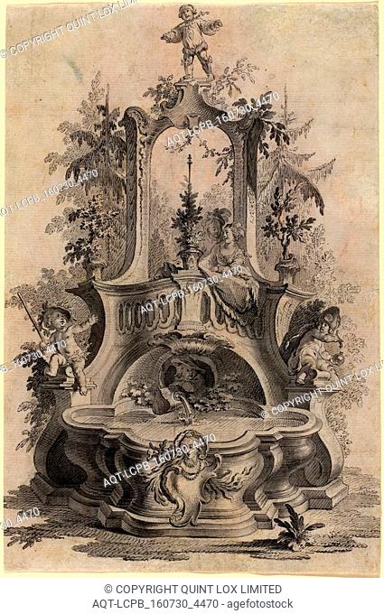 Johann Esaias Nilson (German, 1721 - 1788), Rococo Fountain with Lovers and the Four Elements, pen and black ink with gray wash on laid paper