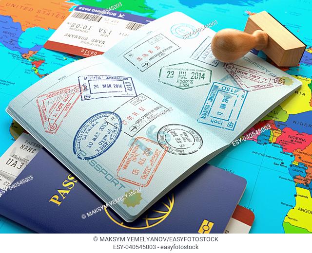 Travel or turism concept. Opened passport with visa stamps with airline boarding pass tickets and stamper on the world map. 3d
