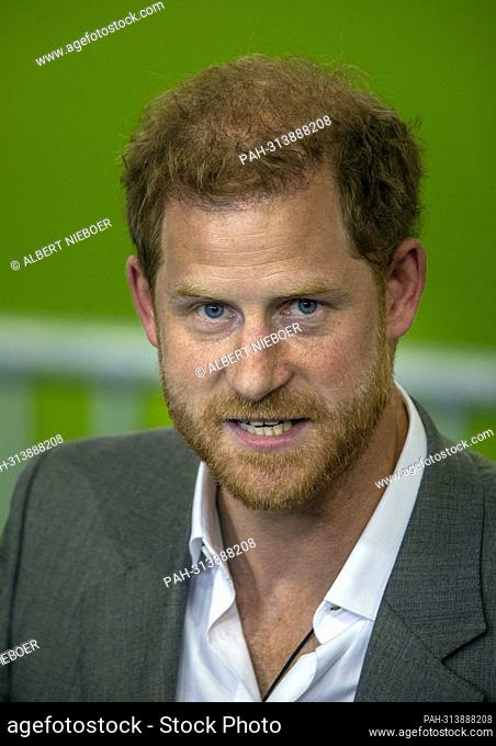 Prince Harry, Duke of Sussex at the Merkur Spiel Arena in Dusseldorf, on September 06, 2022, attending the Press conference to give the kick-off of the One Year...