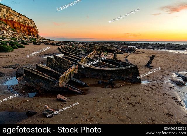 The Wreck of the Steam Trawler Sheraton in the evening light at the Hunstanton Cliffs in Norfolk, England, UK