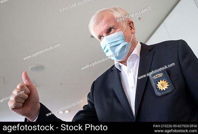 26 February 2021, Baden-Wuerttemberg, Heilbronn: Horst Seehofer (CSU), Federal Minister of the Interior, attends a press conference during the Conference of...