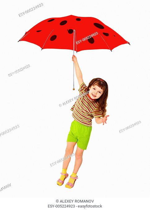 Little girl flying on red umbrella - ladybird