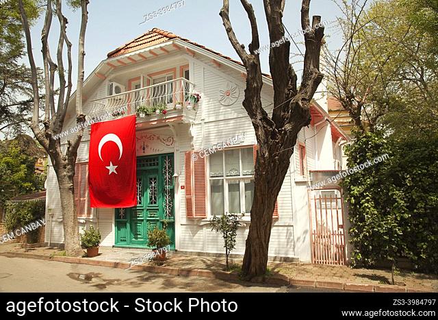 View to the traditional wooden house with balcony in Büyükada, Buyukada-Prinkipos, the largest of the Princes' Islands, Marmara Sea, Istanbul Turkey, Europe