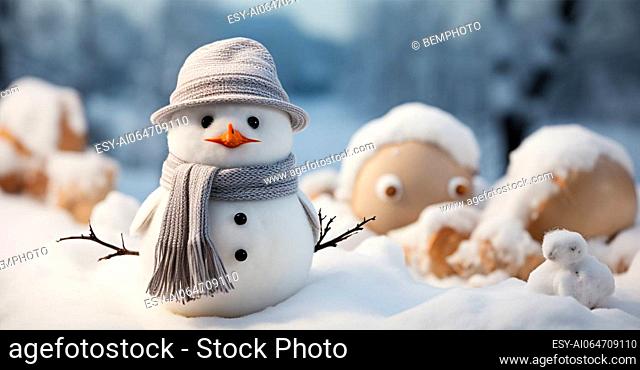 Festive New Year's snowman, Christmas background postcard AI generated image