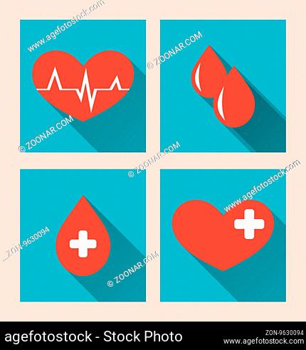 Illustration flat medical icons of donate blood with long shadows - vector