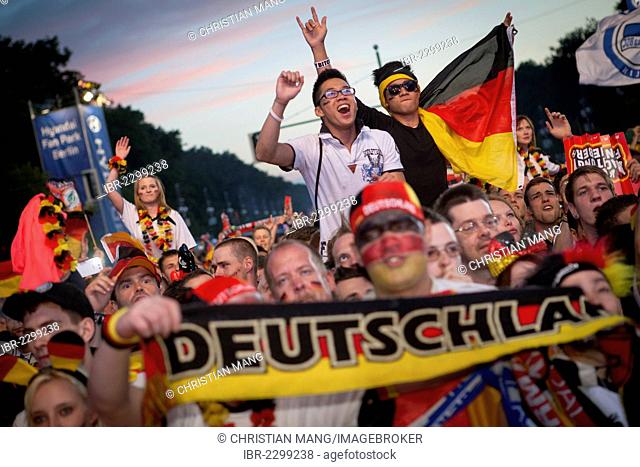 Fans at the Euro 2012 public viewing event on the Berlin Fan Mile watching the quarter final match at the Brandenburg Gate, Berlin, Germany, Europe