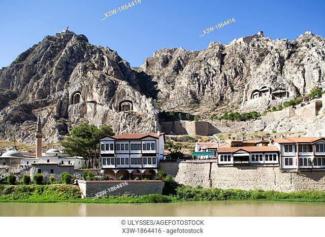 view with tombs of the kings, hatuniye mosque and citadel, amasya, anatolia, turkey, asia