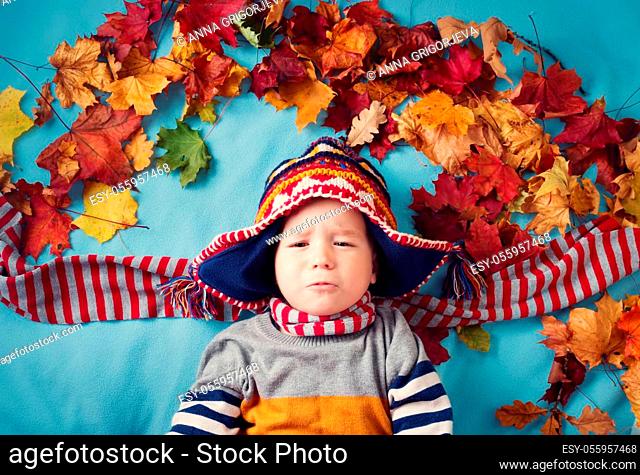 two years old boy dreaming in autumn. Child in hat and scarf and maple leaves on blue background