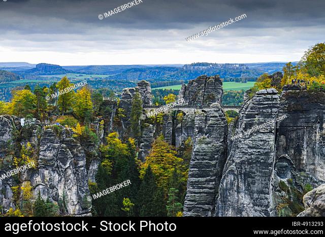View from the rock Große Gans towards the Bastei, Rathen, Saxon Switzerland National Park, Saxony, Germany, Europe