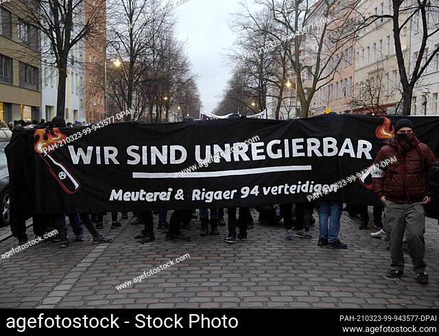23 March 2021, Berlin: People demonstrate against the eviction of the scene pub ""Mutiny"" with a banner reading ""We are ungovernable"" in Reichenberger Straße