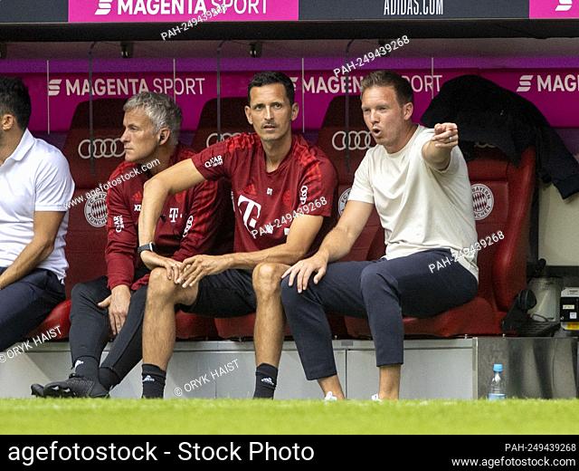 FCB co-coach Xaver ZEMBROD, FCB co-coach Dino TOPMOELLER (TOPMvñLLER) and Bayern coach Julian NAGELSMANN (from left). Soccer
