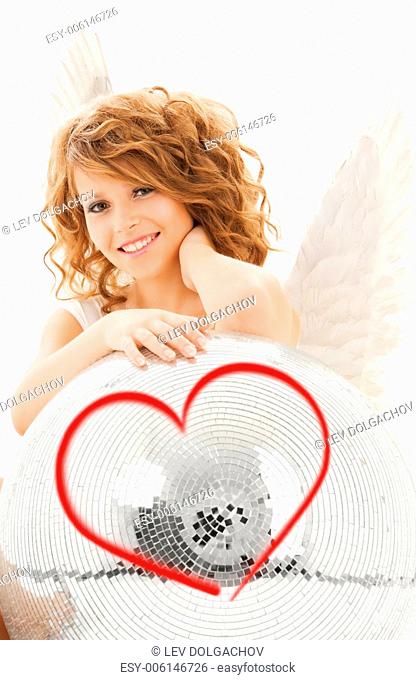 holidays, love and costumes concept - happy teenage angel girl with disco ball