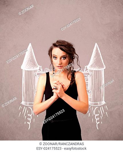 Cute girl with jet pack rocket drawing illustration