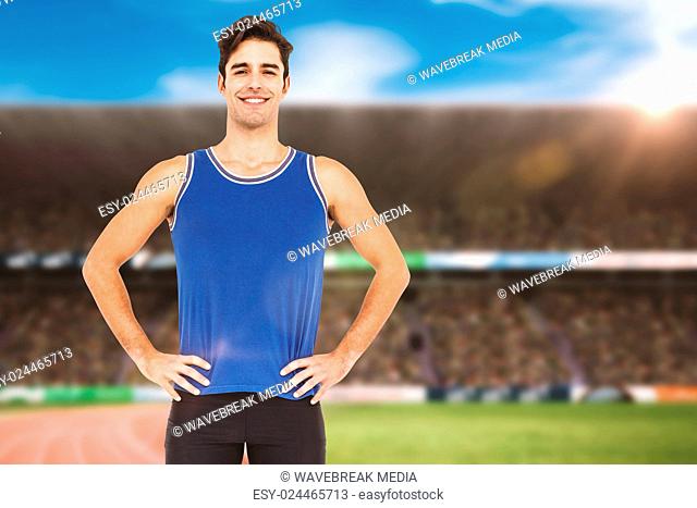 Composite image of portrait of athlete man standing with hands on hips