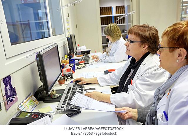 Administrative workers in hospital warehouse, Hospital Donostia, San Sebastian, Basque Country, Spain