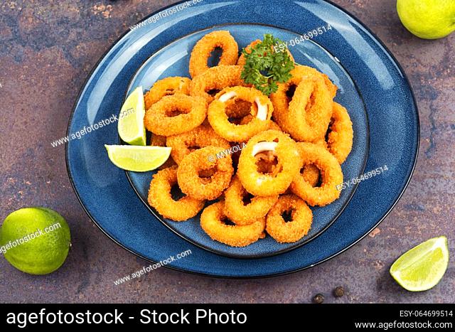 Deep fried calamari or squid rings on a plate