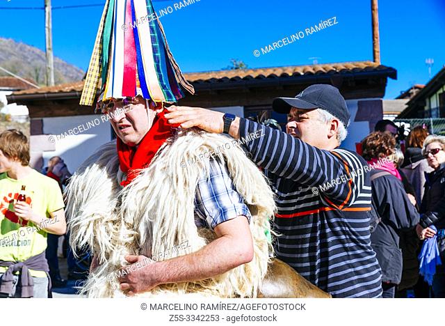Moment of dressing the Zanpantzar. A Joalduna is a traditional character of the culture of Navarre, especially in some small villages of the north of Navarre:...
