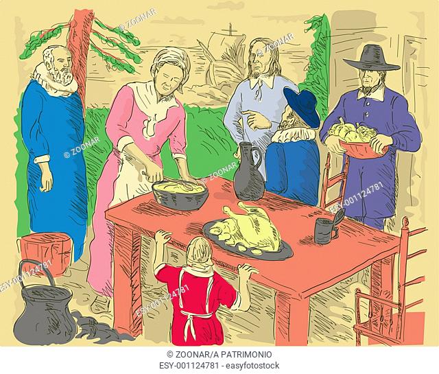 Pilgrims celebrating first thanksgiving dinner