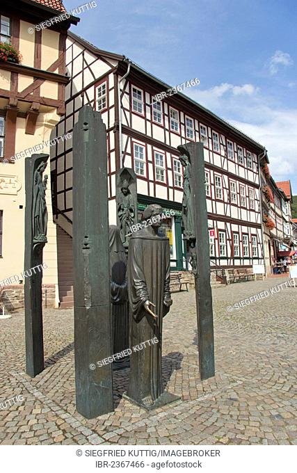 Thomas Muentzer monument in front of City Hall, Marktplatz square, Stolberg, Harz, Saxony-Anhalt, Germany, Europe