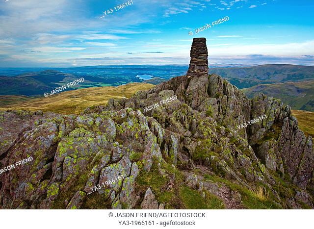 England, Cumbria, Lake District National Park. Trig point above Place Fell on Patterdale Common in the North-Eastern Lake District near Ullswater
