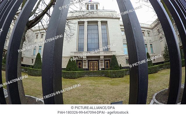 dpatop - FILED - 26 March 2018, Germany, Berlin: The Russian embassy hides behind bars in the German capital. Due to the Skripal Affair