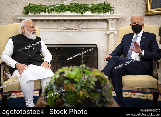 Prime Minister Narendra Modi of India, left, and United States President Joe Biden participate in a bilateral meeting in the Oval Office of the White House in...